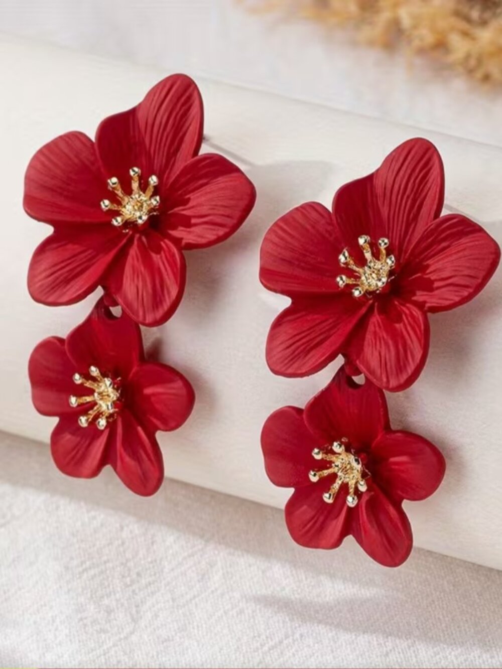 NEW Janey Red and Gold Flower Double Drop Earrings - Picture 2 of 5